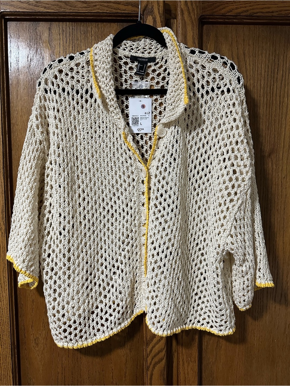 NWT Crochet Open-Knit Cream Cardigan with Yellow Trim Beachy Coastal Sz L
